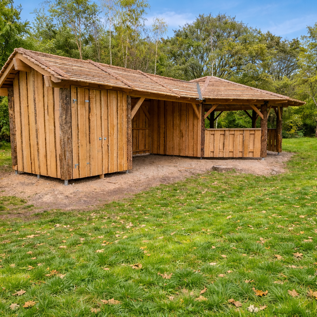 Rå bålhutte med læskur til børne eller husdyr