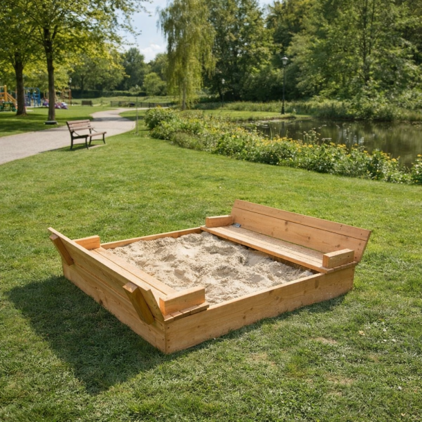 Lyst park med sandkasse og s�