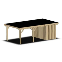 Carporten med ensidet taghldninger bygget af lrk og douglas fra danske skove.