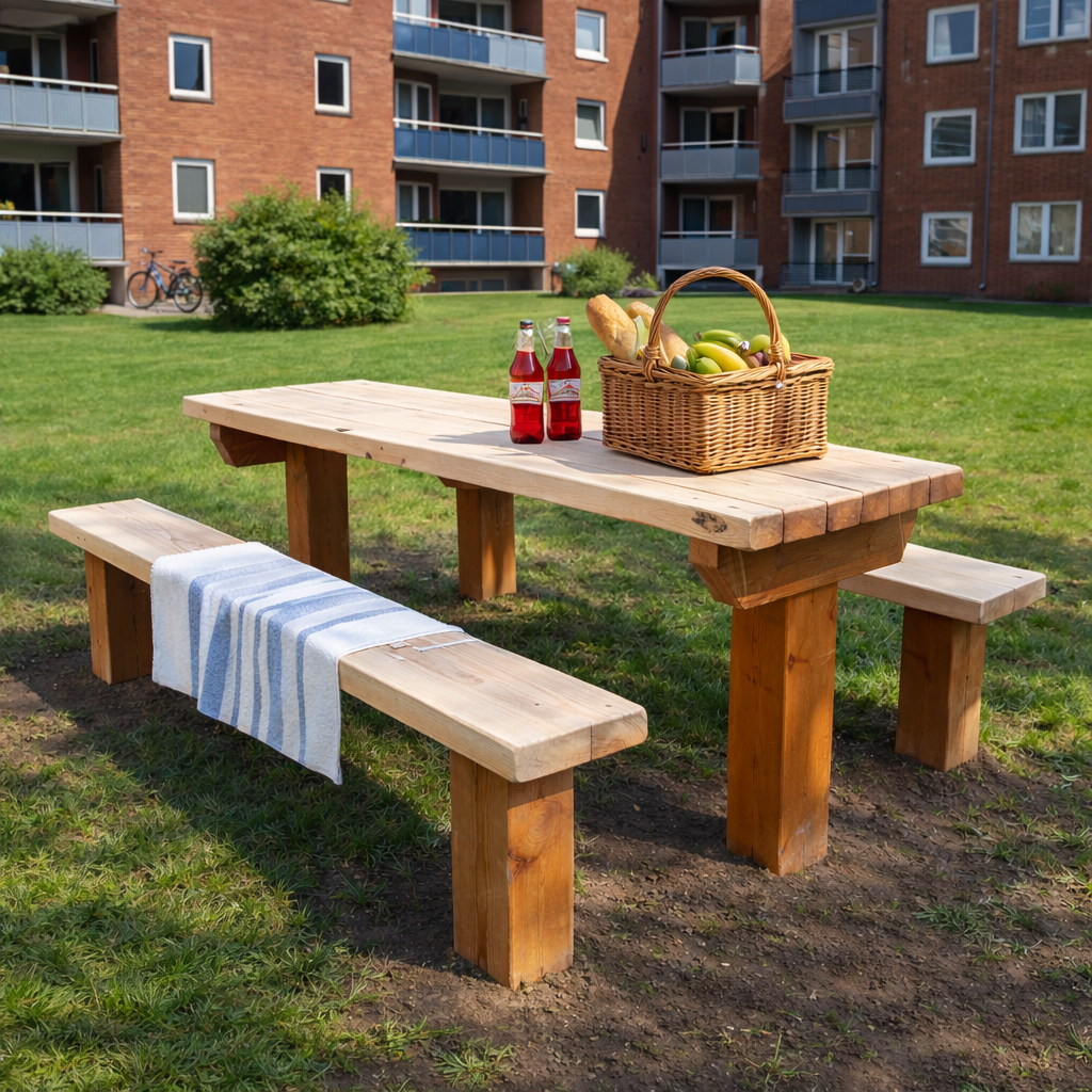 At bygge fastmonterede borde med b�nke af l�rketr� og douglasgran har en r�kke fordele boligforenings milj� 